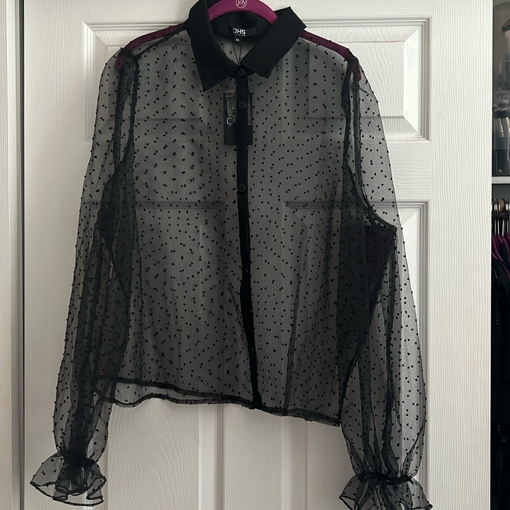 OHS Clothing sheer Black mini polka dot blouse